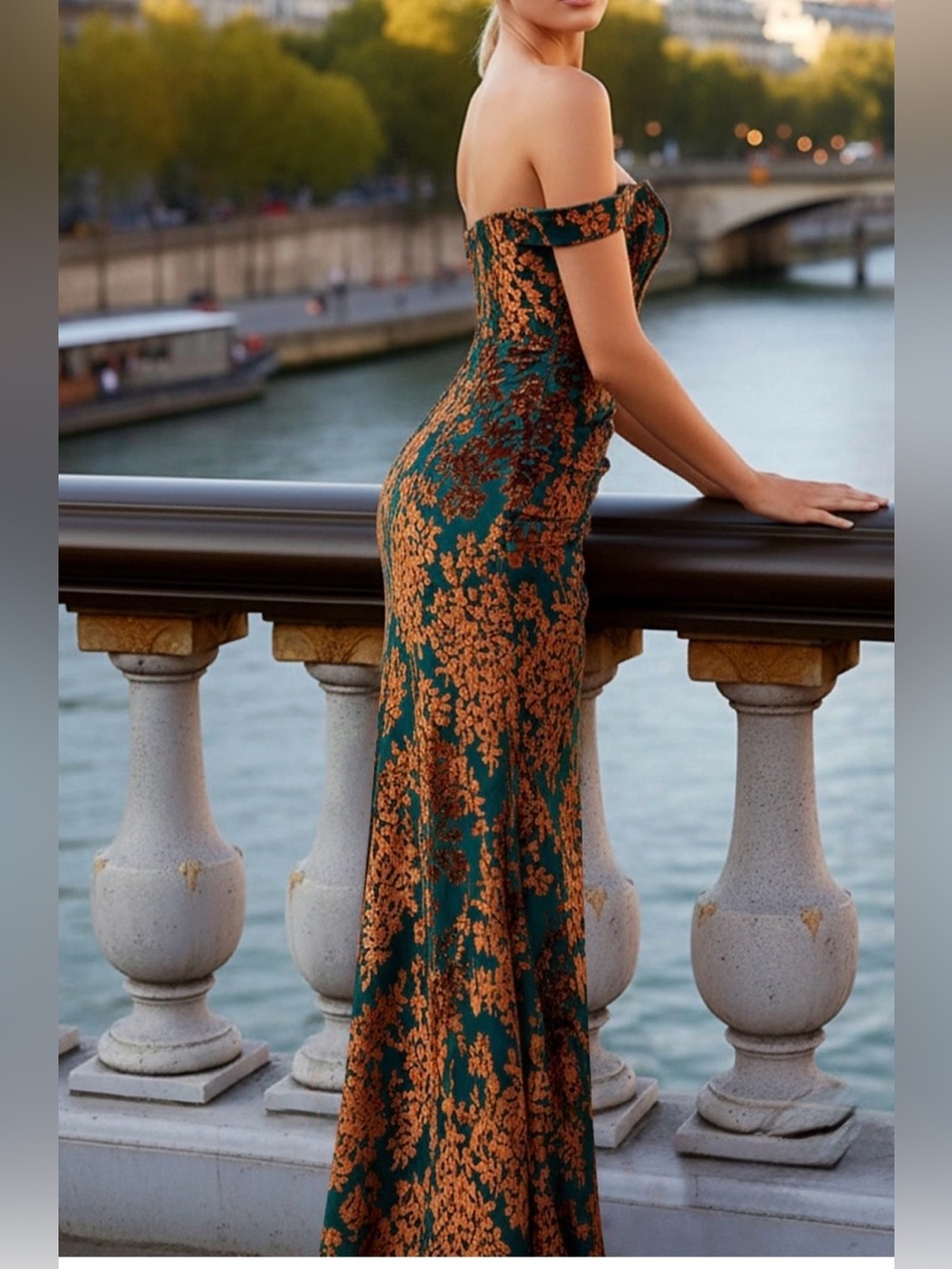 UEC “THE TEALIGHT” Off-Shoulder Green & VELVET Copper Floral Maxi Dress SZ 4 - Picture 3 of 17